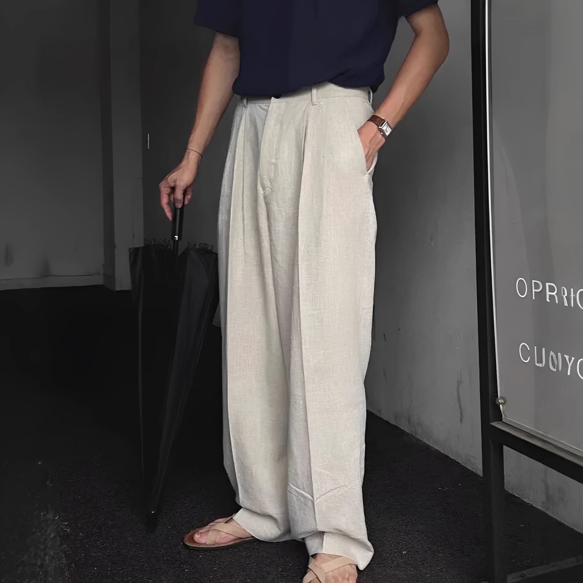 Men's apricot wide-leg cotton linen trousers with loose fit and Korean-style design