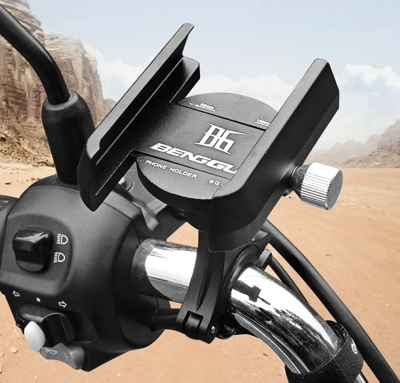 Black aluminium alloy bicycle phone holder mounted on a handlebar with a mobile phone secured inside.