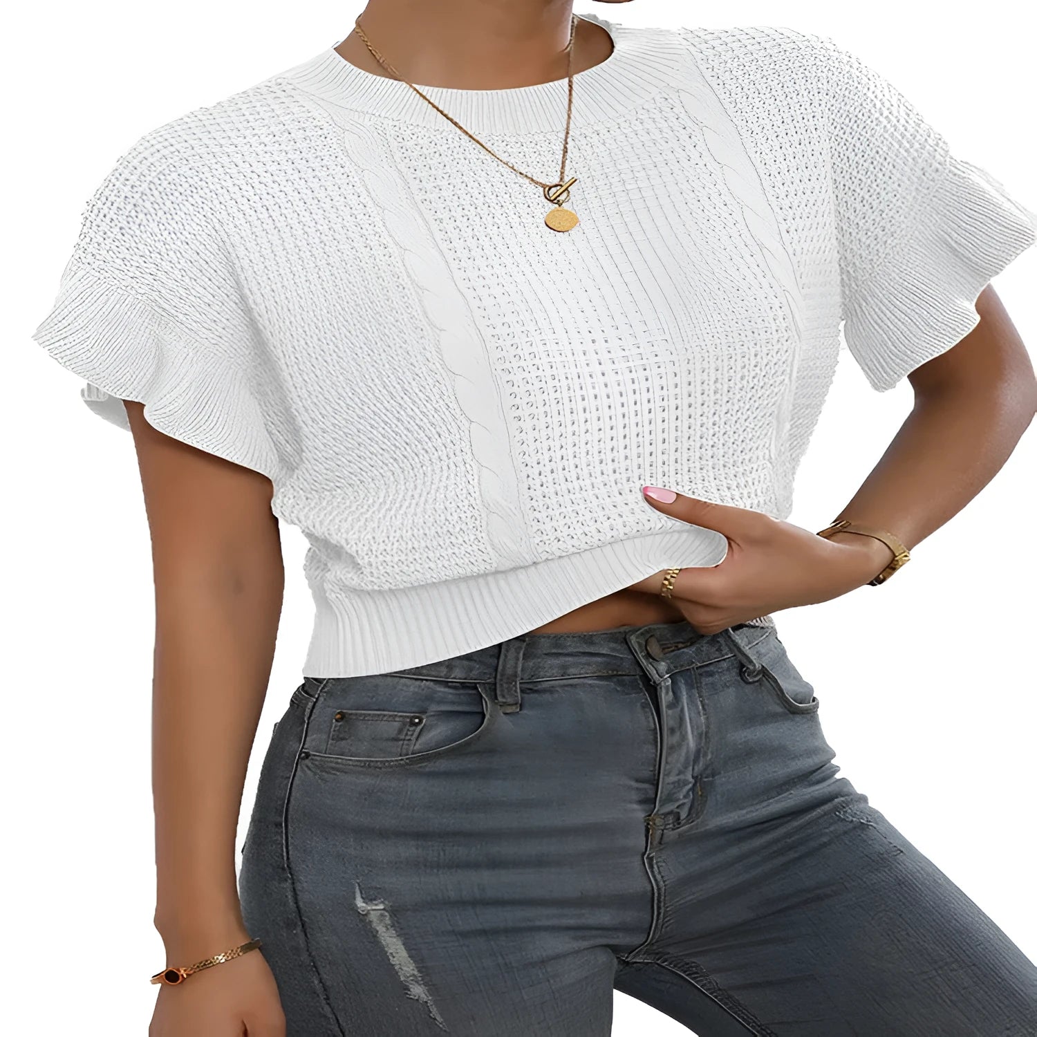 Women's knitted pullover sweater with twisted string pattern and ruffled short sleeves in loose fit