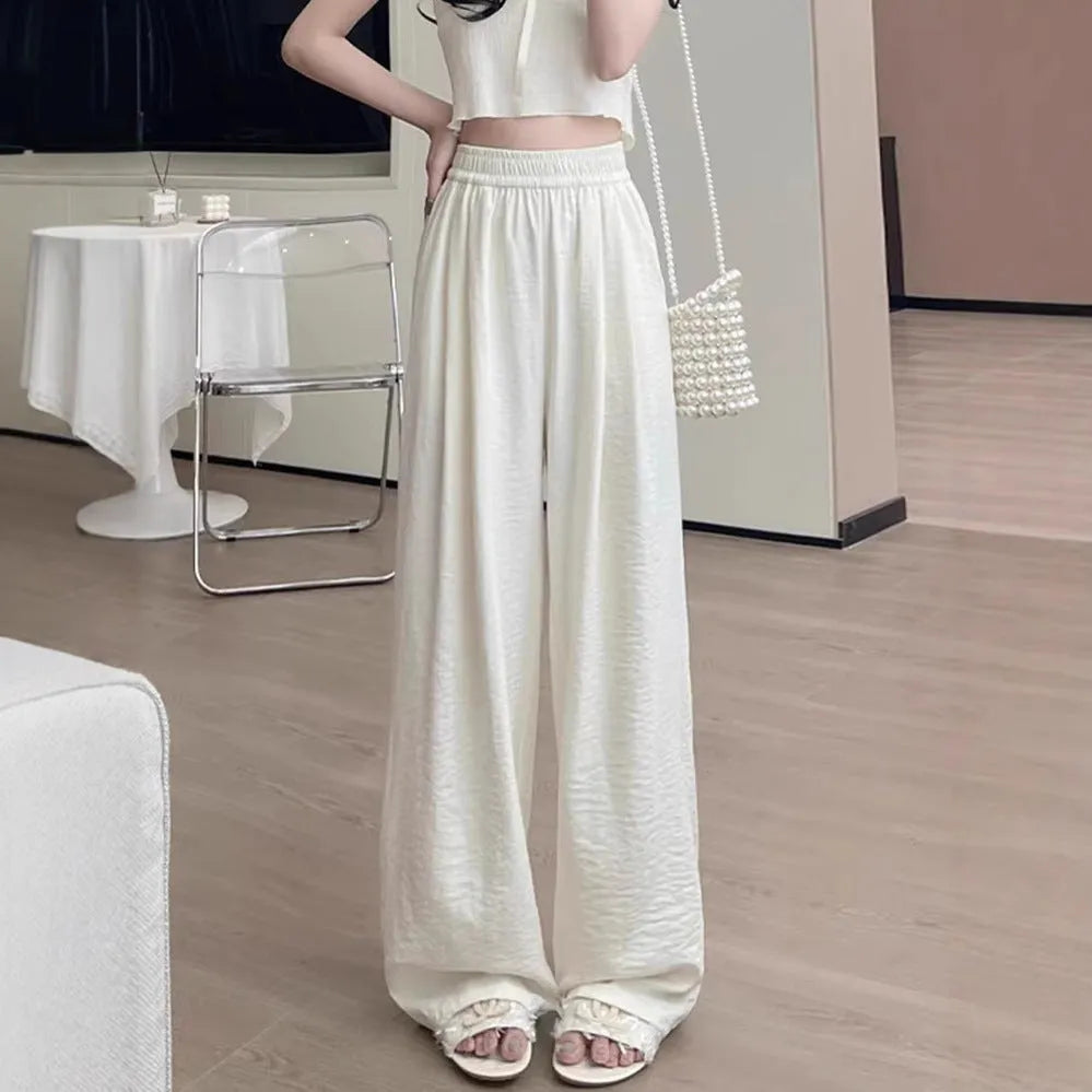 Casual tall wide leg sweatpants high waist pleated for women in milky white acetate fabric blend