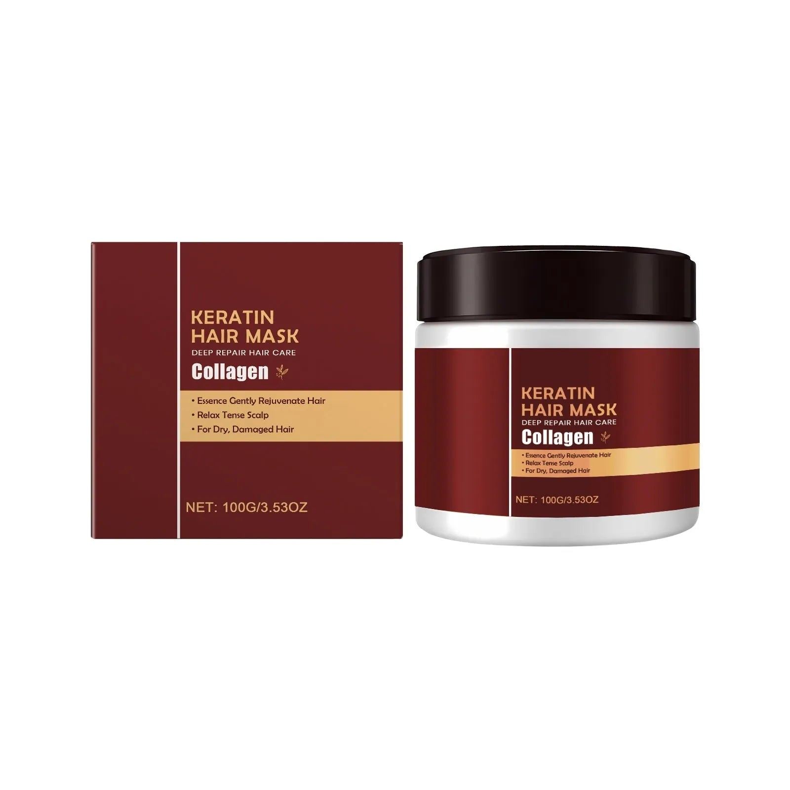 A 100g pot of hair mask with hydrolysed keratin, collagen, and aloe extract, shown next to a 5.5 cm ruler.