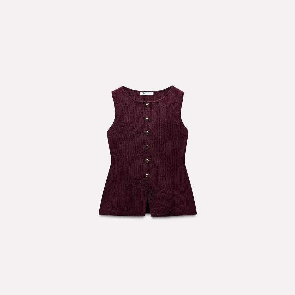 Dark red slim fit sweater vest with gold buttons and 3D pattern on mannequin