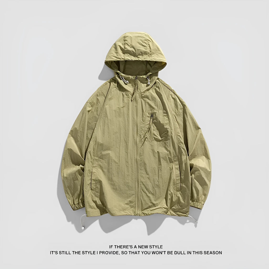 Lightweight Lycra sun protection jacket with hood in caramel colour showing front design
