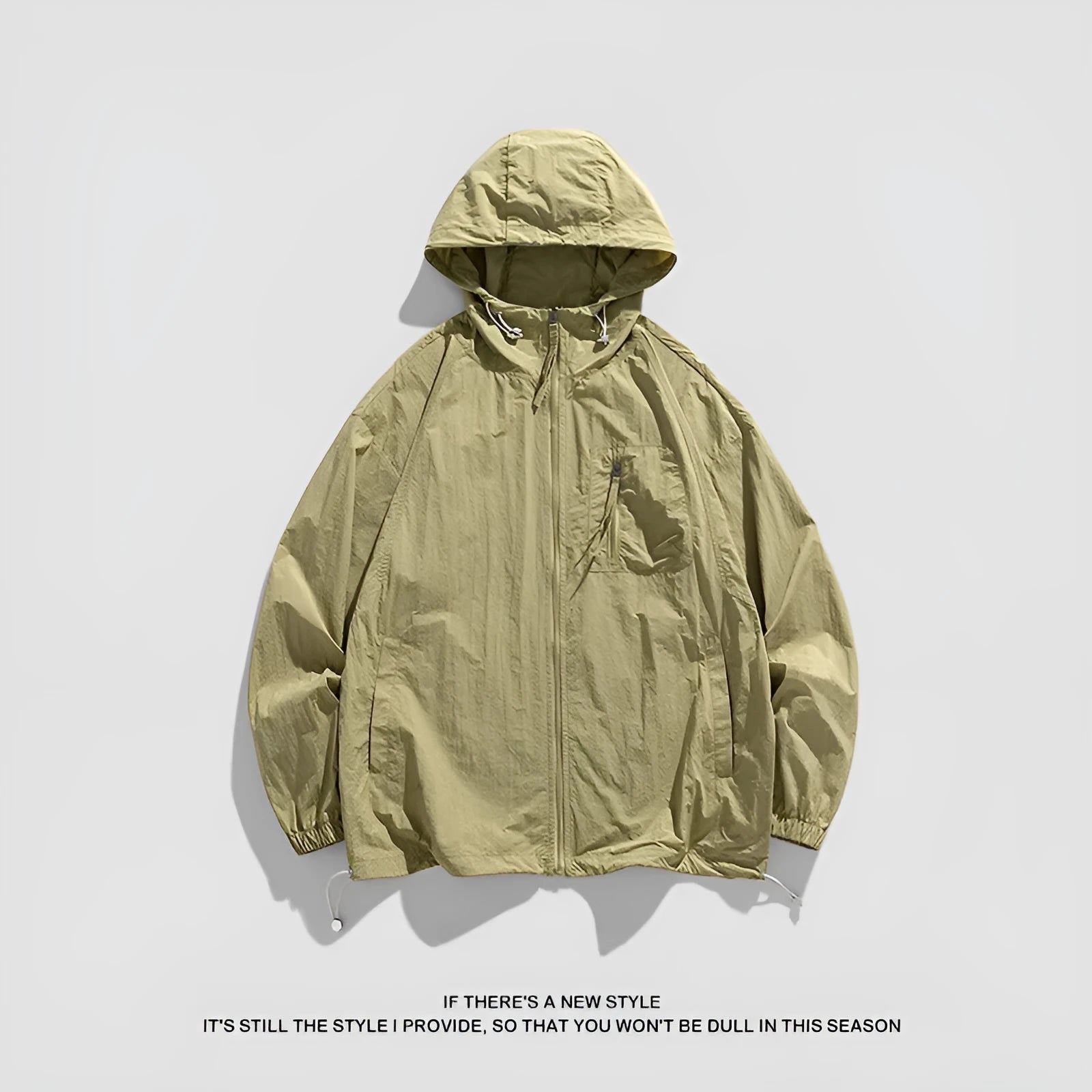 Lightweight Lycra sun protection jacket with hood in caramel colour showing front design