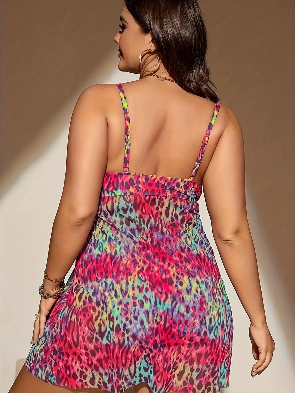 Plus size split bikini swimwear set in red colour with sleeveless top and high-waisted shorts