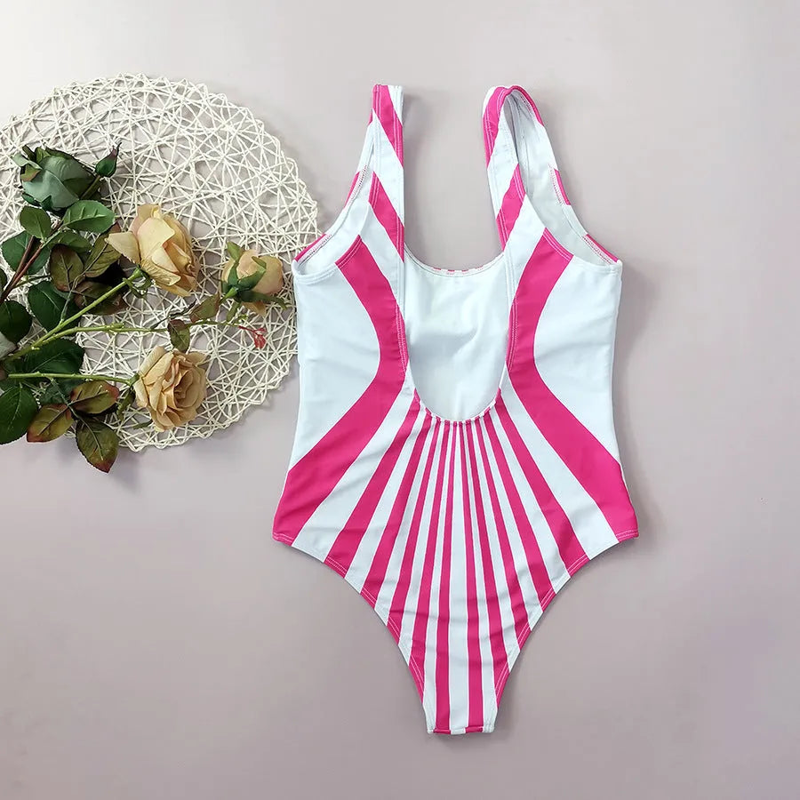 Pink striped women's one-piece swimsuit with front and back digital printing.