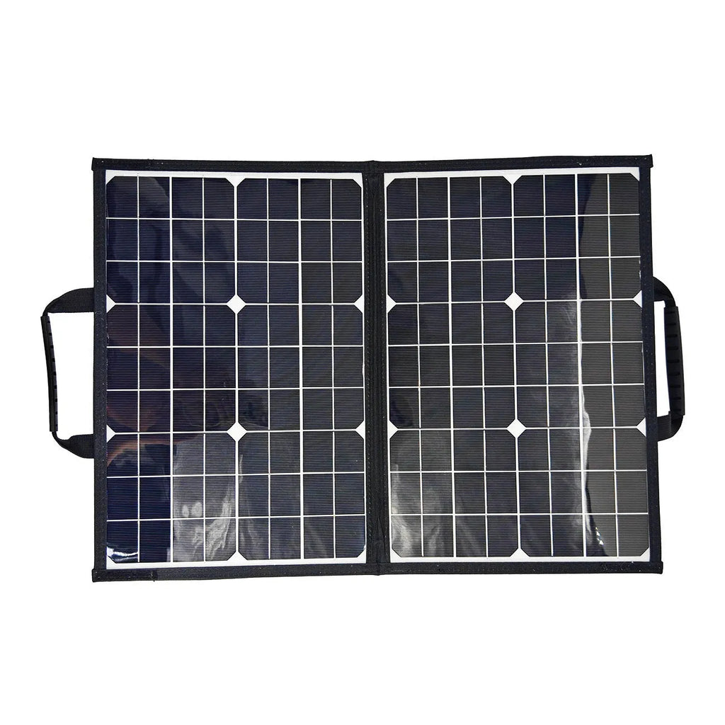 Black folding bag containing a 40W single crystal solar panel, shown folded to 425x285x8mm size.