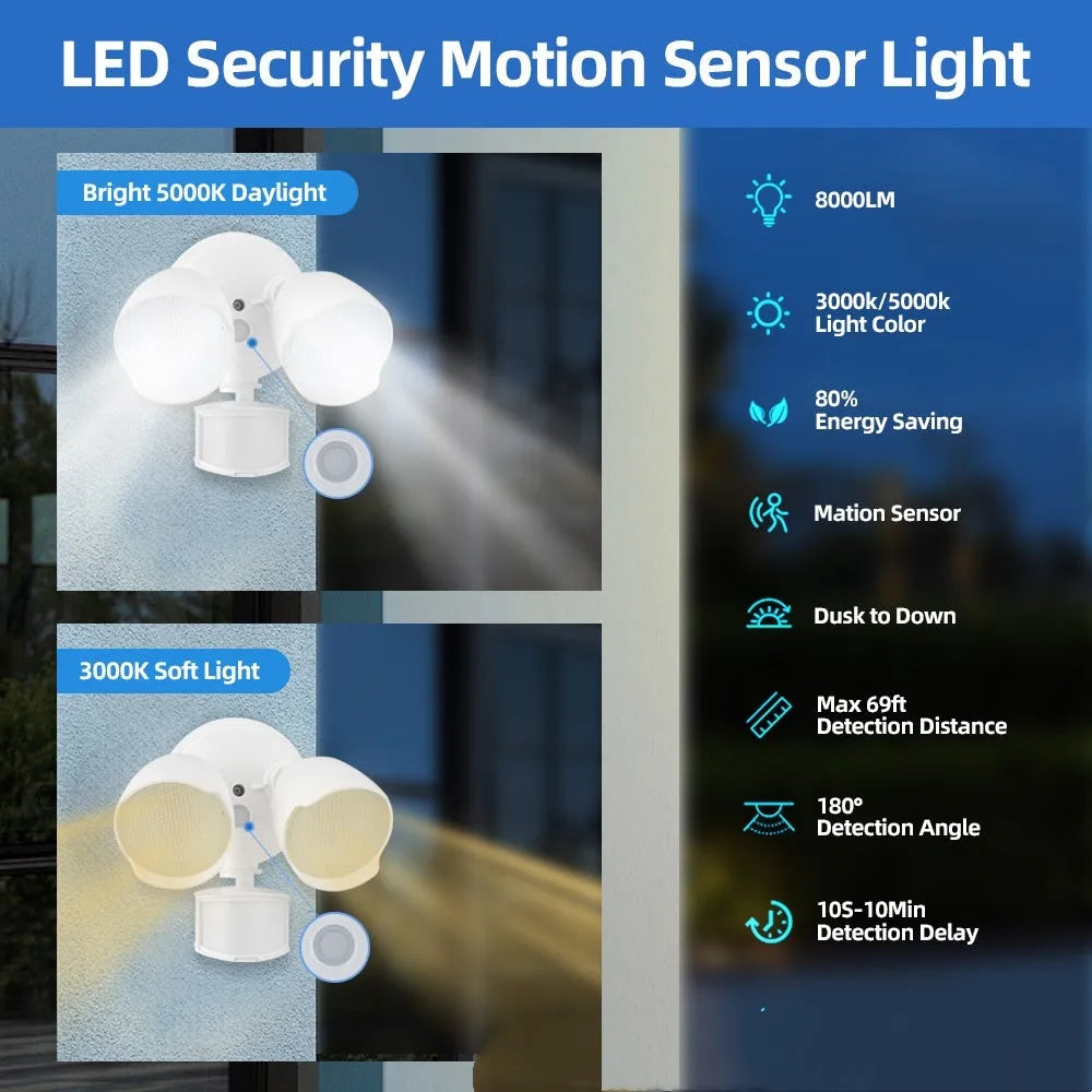 White 120V LED security floodlight with motion sensor mounted on an exterior wall.