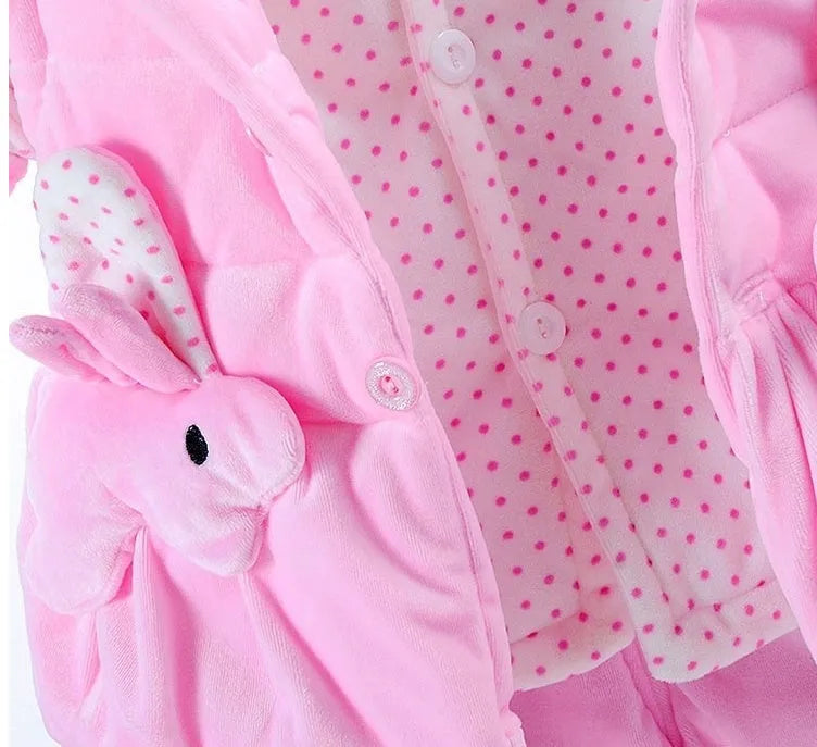 Baby girls' pink flannel three-piece autumn winter clothing set with jacket, pants, and vest.