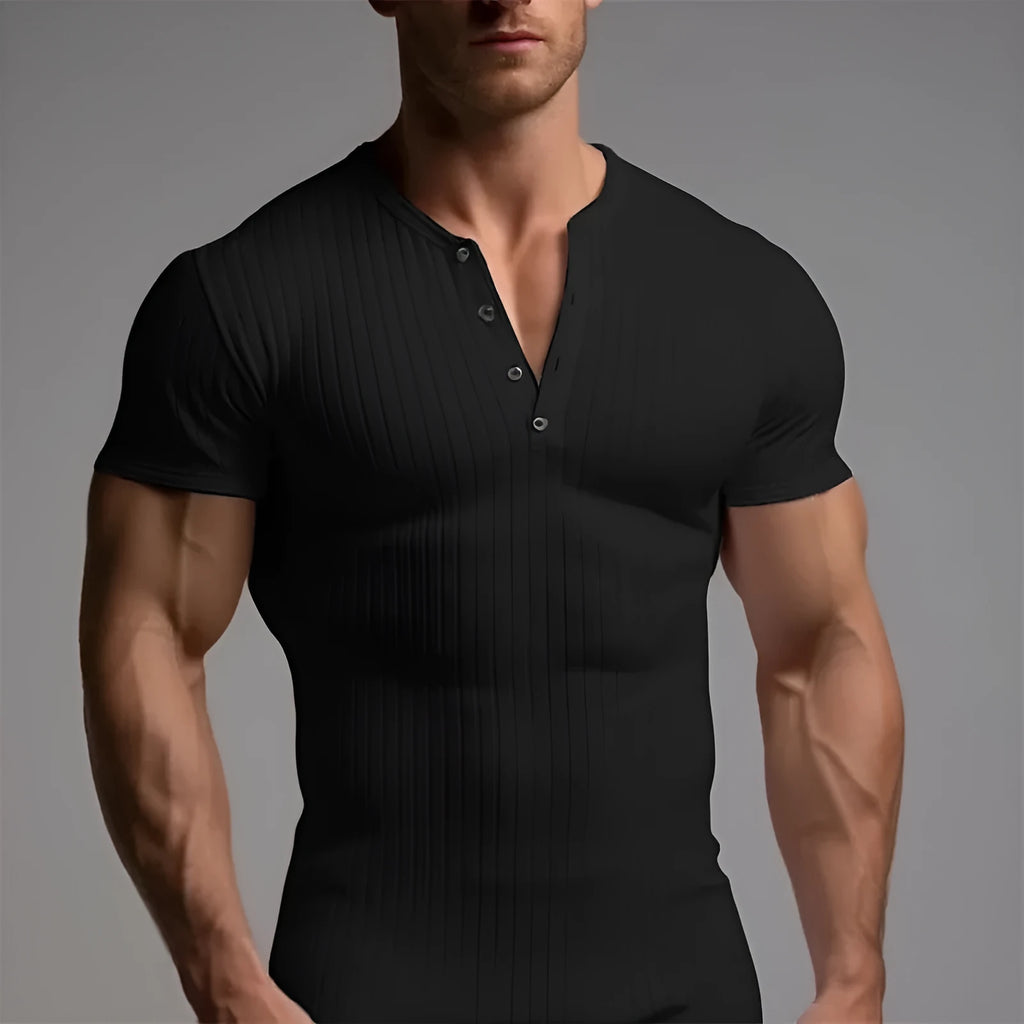 Men's slim-fit solid colour sports t-shirt on a hanger, shown in army green.