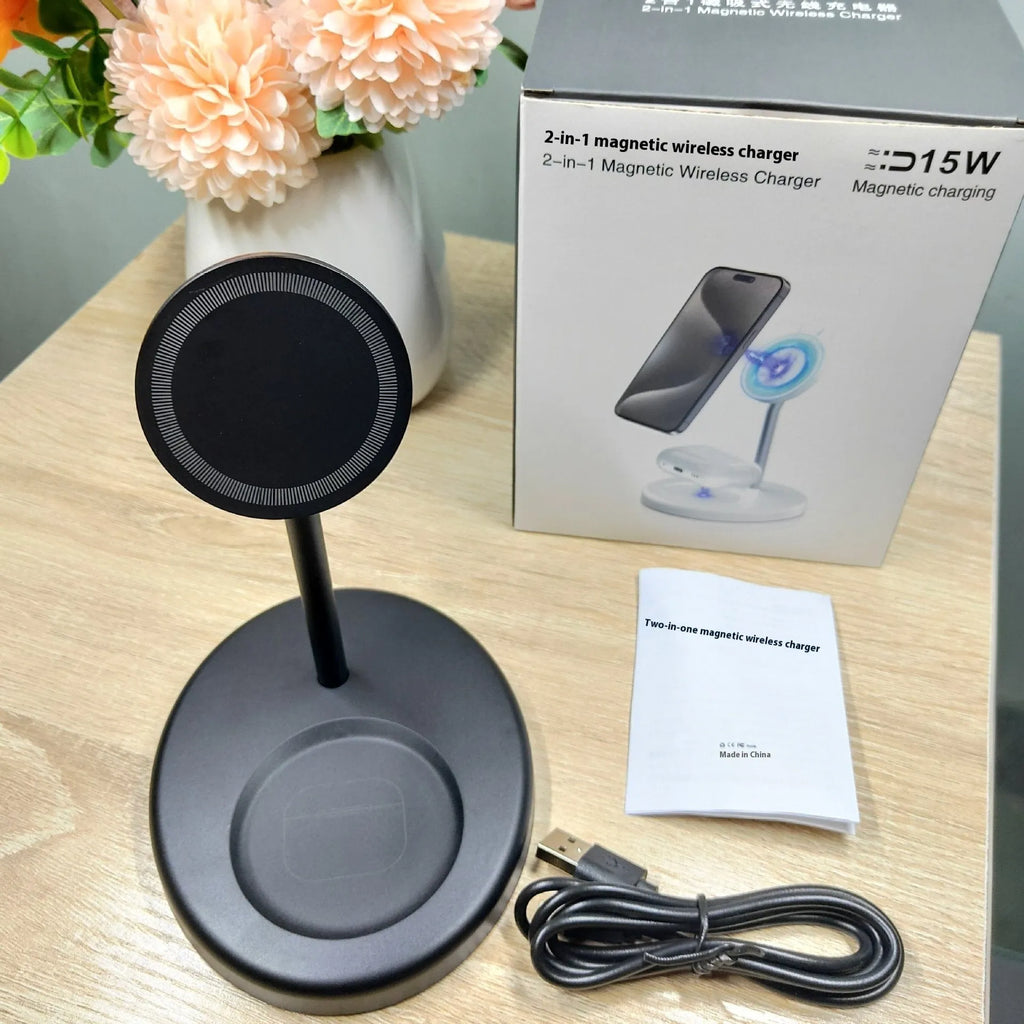 White vertical wireless charging stand for phone with visible cooling holes, showing phone charging in upright position.