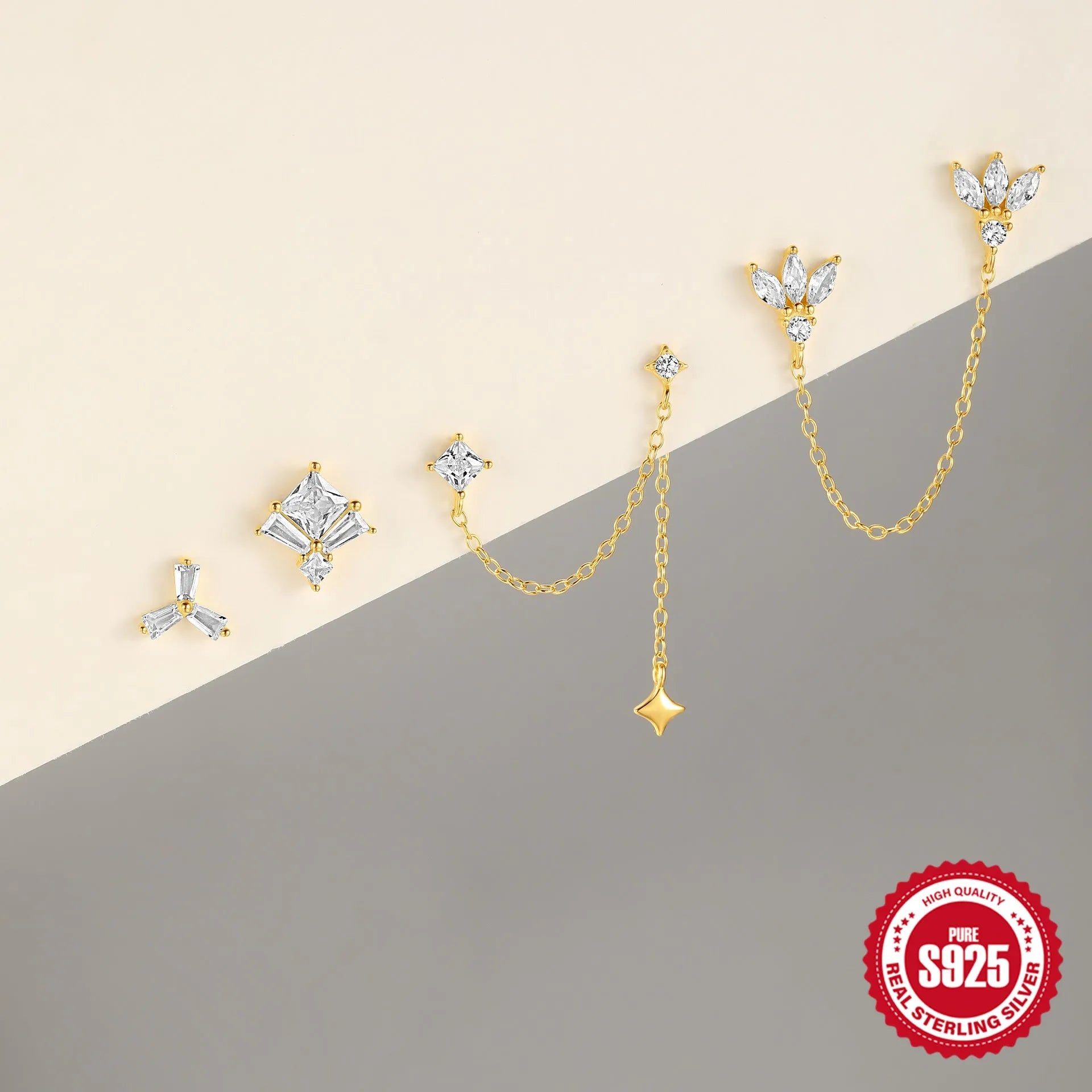 S925 sterling silver geometric chain stud earrings in gold finish with inlaid zircon details