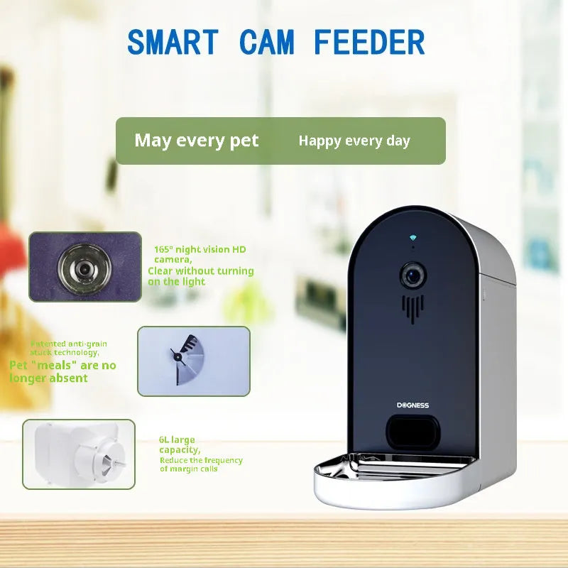 Smart automatic pet feeder for cats and dogs with remote monitoring, shown in Barbie Pink and Ivory White.
