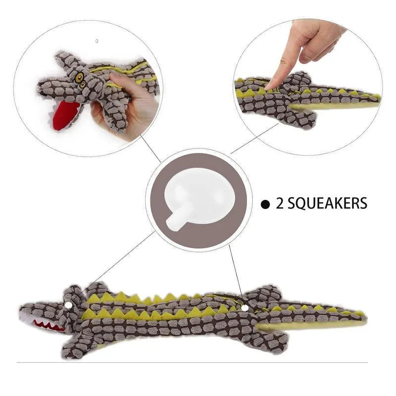 Blue crocodile-shaped plush squeaky dog toy shown beside coffee and grey colour options in small and large sizes