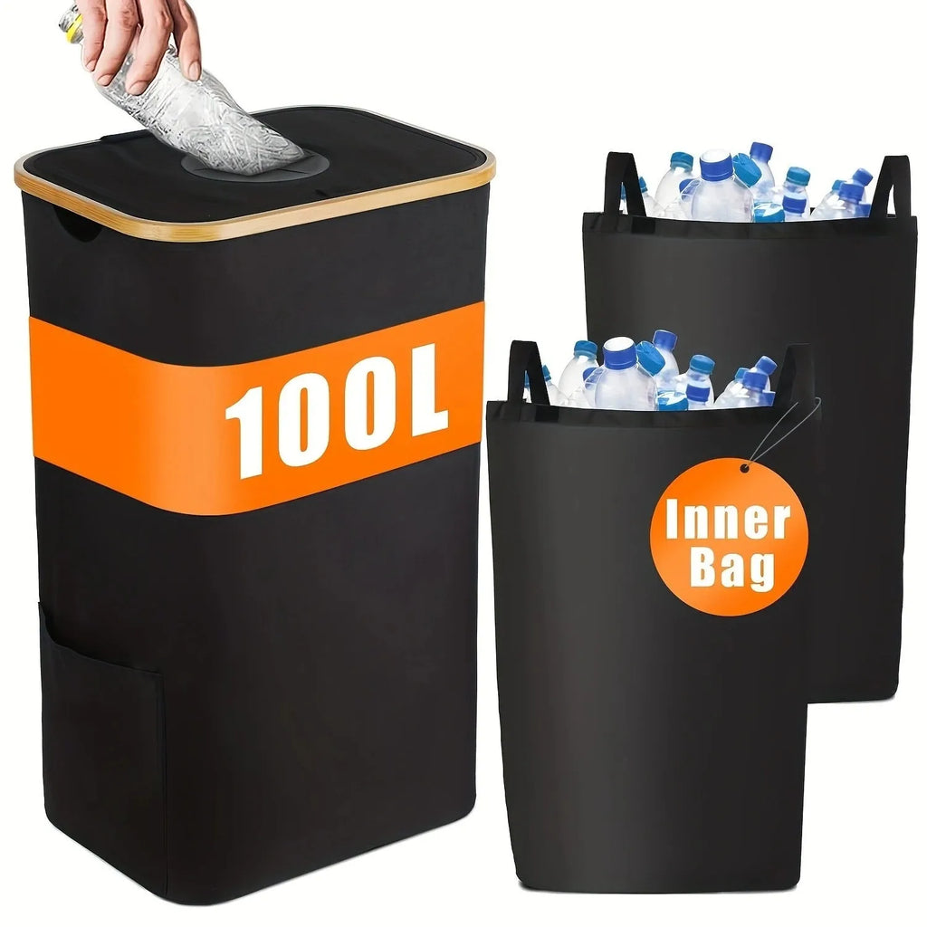 Black bamboo storage basket with removable lid showing ventilation holes and inner bottle compartment