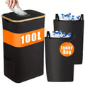 Black bamboo storage basket with removable lid showing ventilation holes and inner bottle compartment