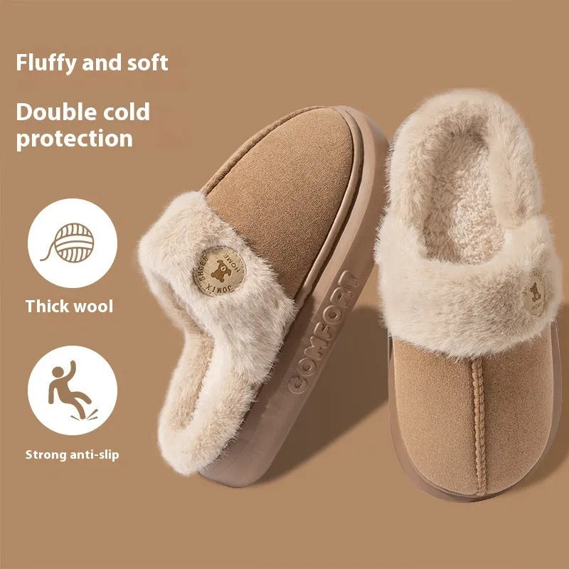 Plush fleece winter slippers with thick PVC sole and car stitching detail