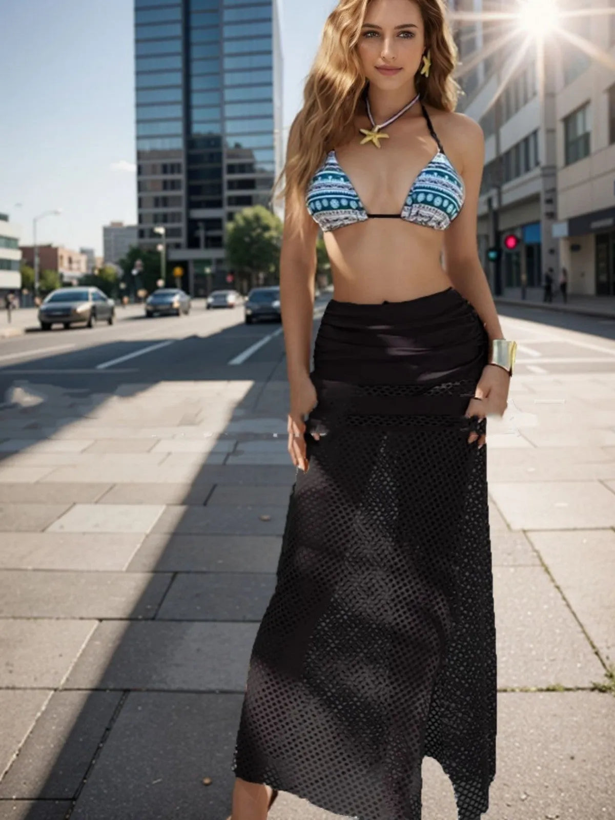 Women's brown gradient bikini set with fishnet long skirt, shown as a three-piece swimwear outfit.