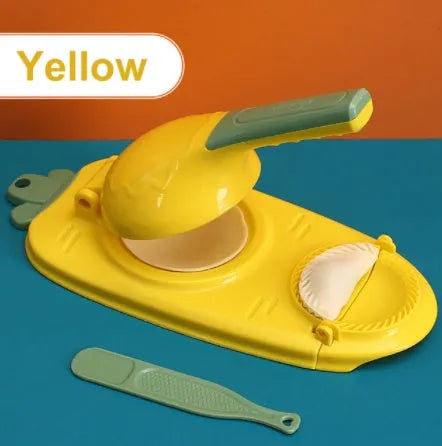 Orange and white plastic dumpling maker tool with ergonomic handle and hanging hole
