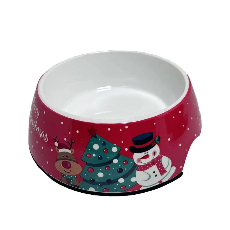 Red Christmas-themed double layer pet bowl with stainless steel insert for dogs and cats