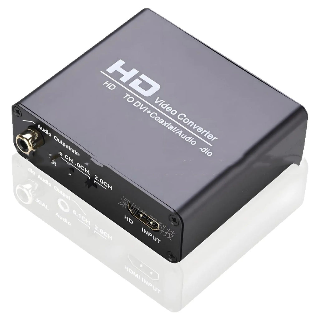Black HDMI to DVI converter unit with coaxial audio output port and a 1.5 metre cable.