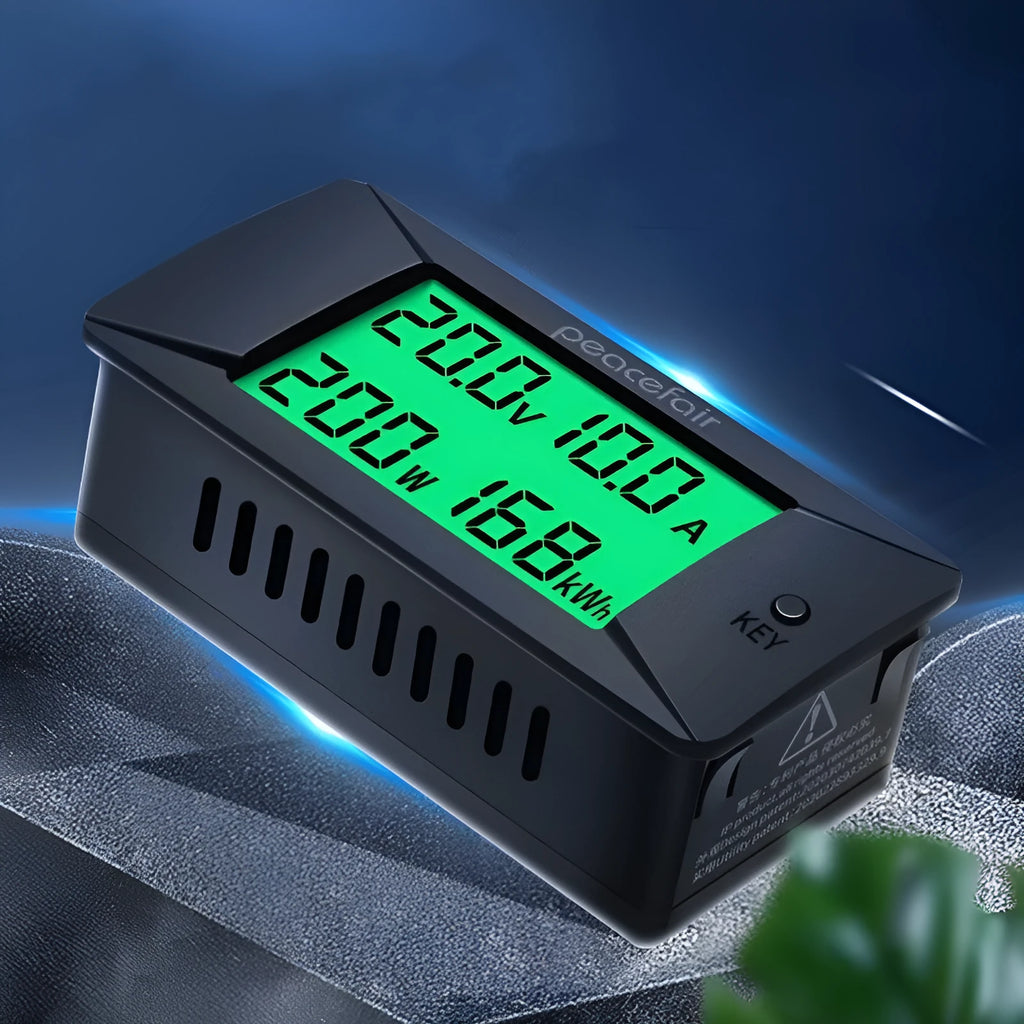 DC digital display voltmeter and ammeter with wiring, compact black housing.