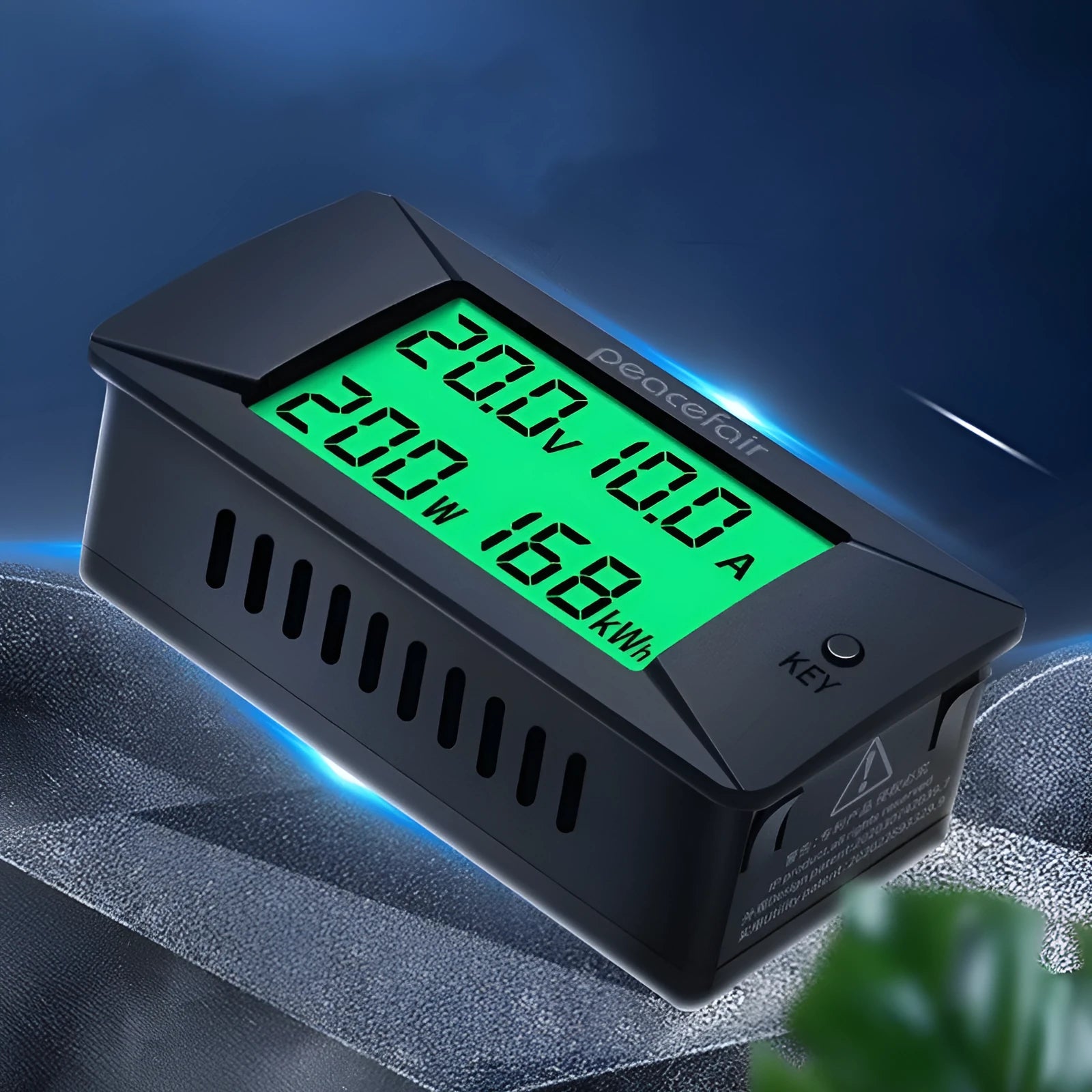 DC digital display voltmeter and ammeter with wiring, compact black housing.