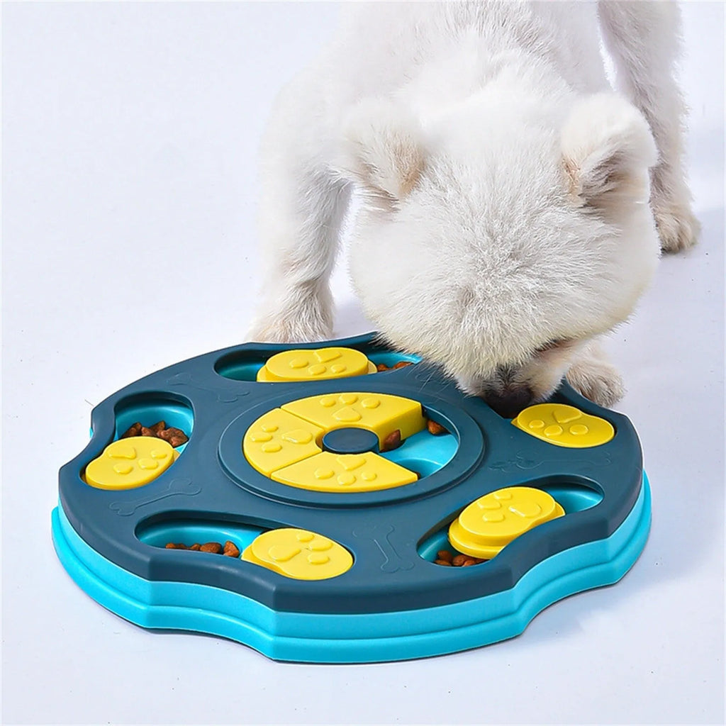 Blue interactive dog puzzle feeder toy with food compartments for mental stimulation during mealtimes