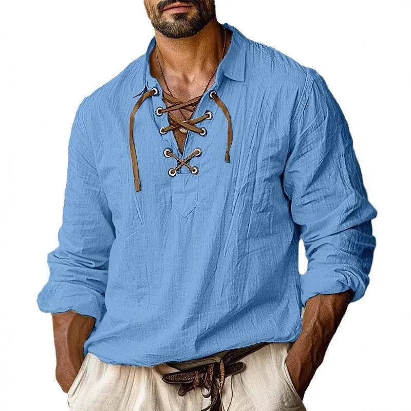 Men's plus size loose fit linen shirt with lace lapels in blue, green, orange or white