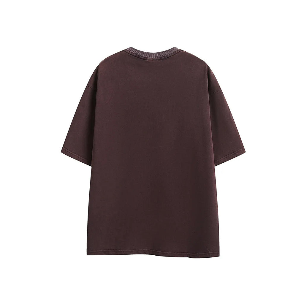 Embroidered washed retro loose cotton t-shirt in black or purple colour