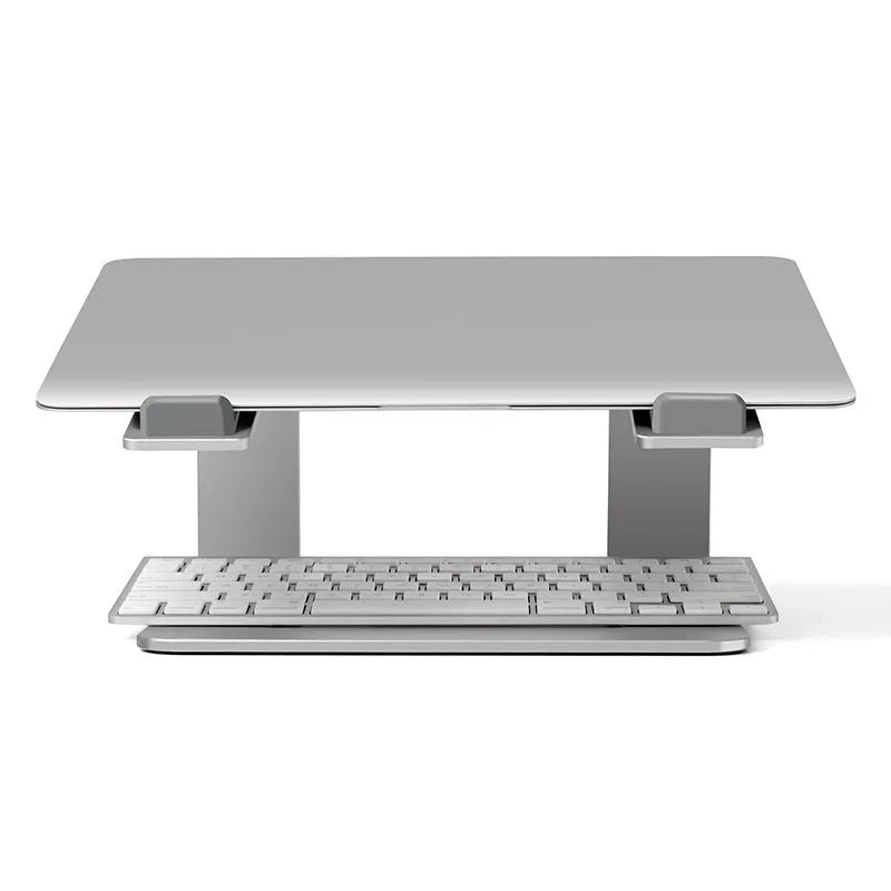 Black aluminium alloy laptop stand on wooden desk with laptop positioned on top