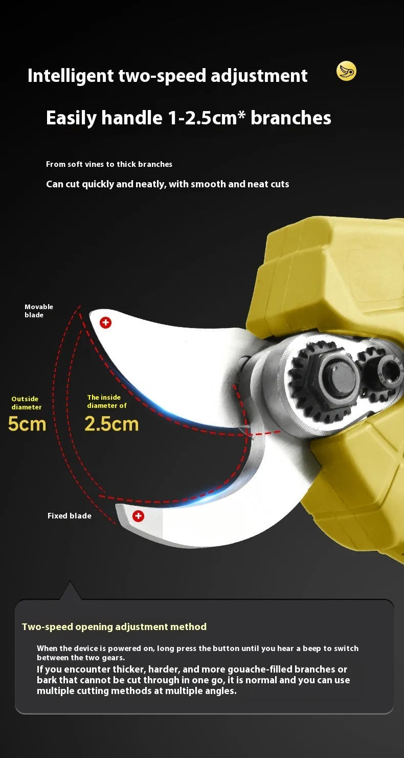 Wireless electric pruning knife with brushless motor, two lithium batteries, and storage box