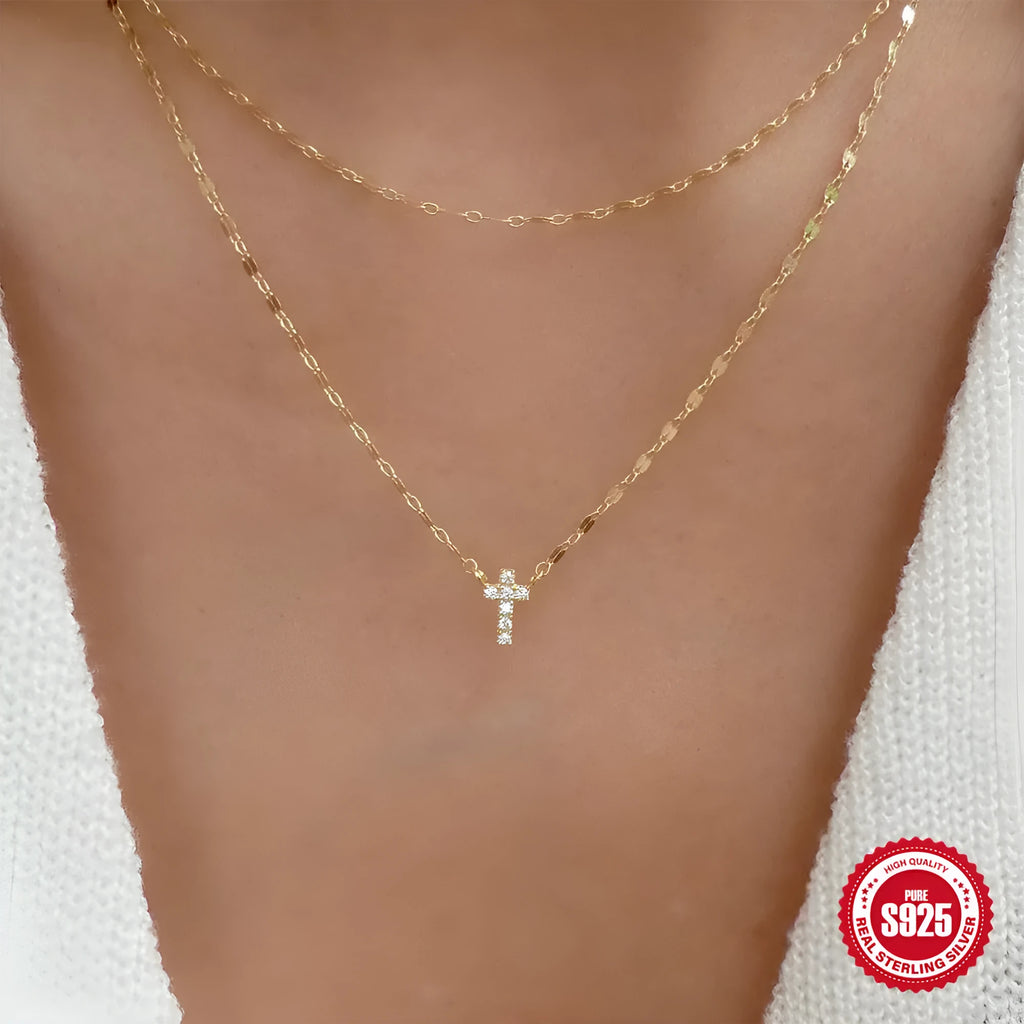 S925 sterling silver double layer twin diamond cross pendant necklace on adjustable chain