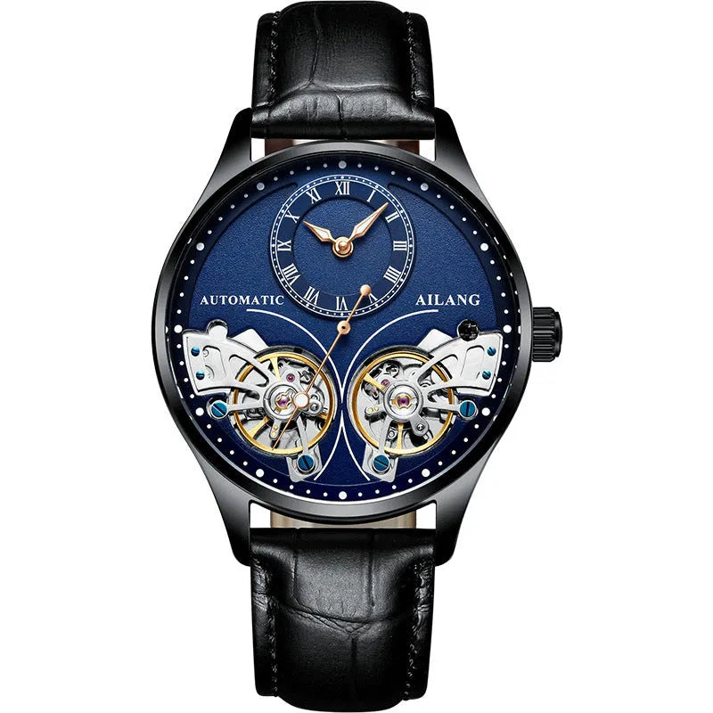 Men's automatic watch with tourbillon and moon phase on a metal case with a black dial.