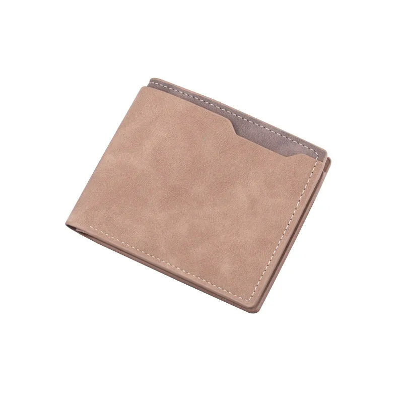 Men's ultra-light pu short wallet two fold half fold frosted finish contrast colour dark brown light brown