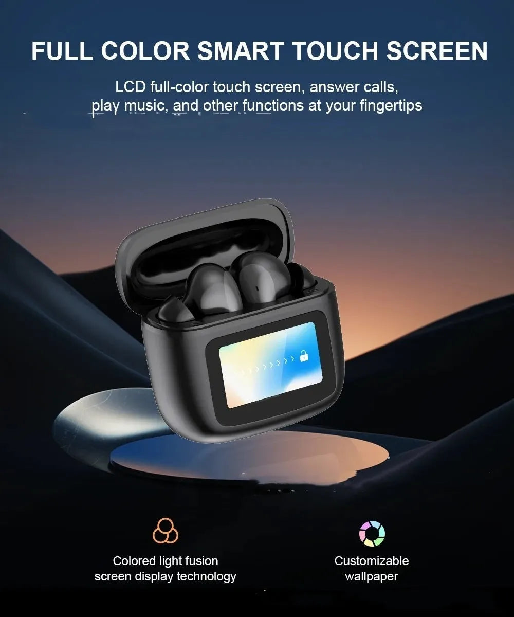 T68 PRO wireless Bluetooth in-ear headphones with touch colour screen in black, silver, or champagne colour