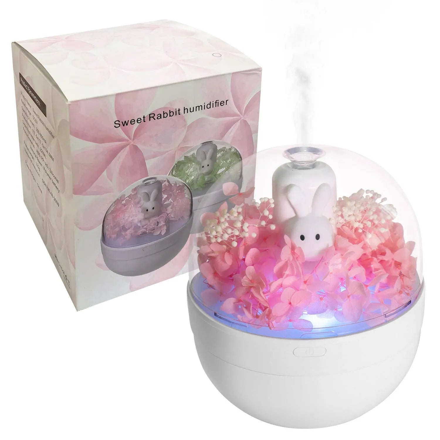 Pink Creative Rabbit aromatherapy humidifier with preserved flowers on top.