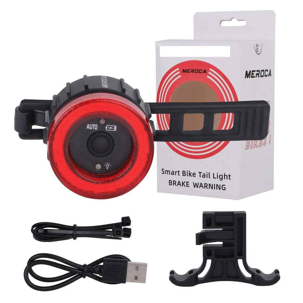 Black aluminium alloy bicycle induction brake taillight with seat tube mounting bracket.