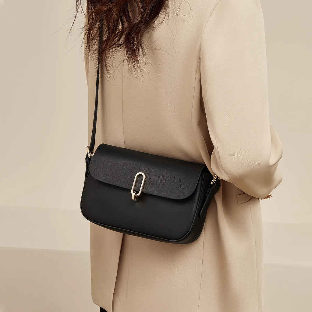 Black genuine cowhide leather square shoulder messenger bag with lock detail