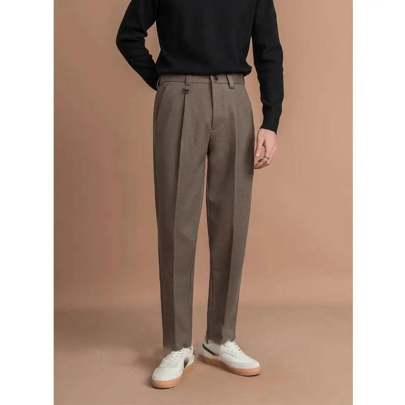 Men's straight cut suit trousers in draped casual design available in four colours