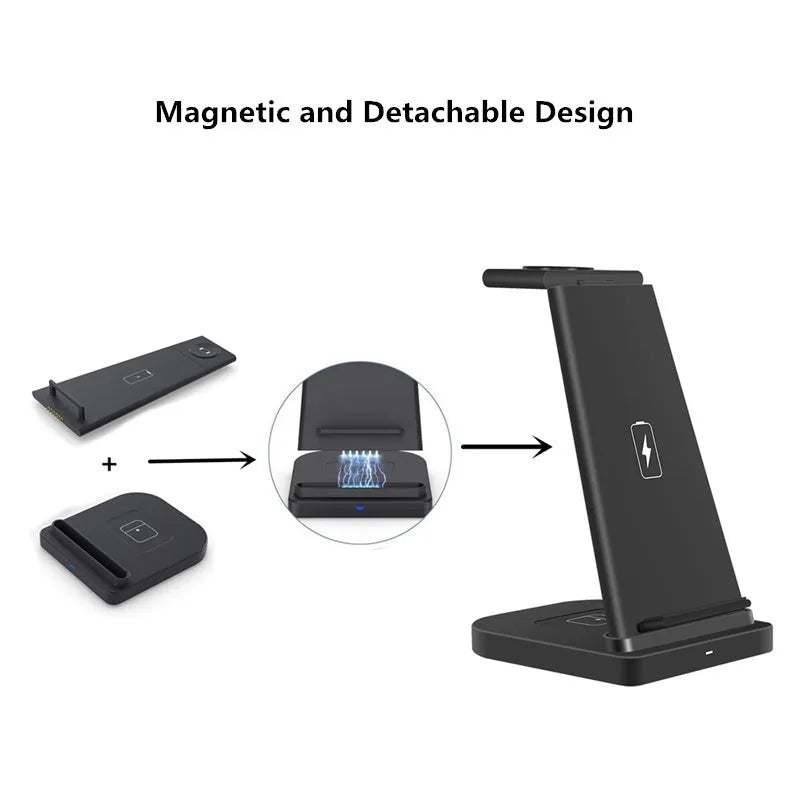 Black foldable 3-in-1 wireless charger showing phone, watch and headphone charging areas