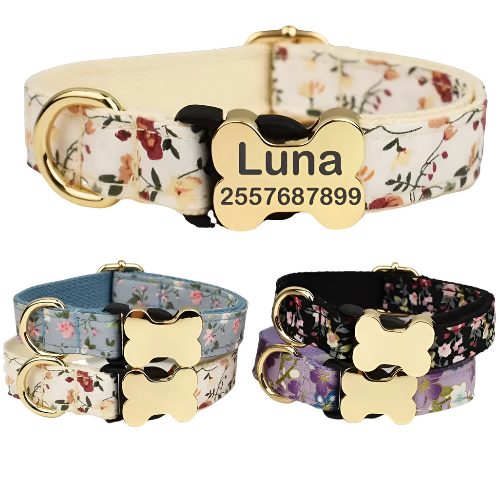 Flat nylon dog collar with a printed grid pattern and a silver bone-shaped metal buckle on a blue background.
