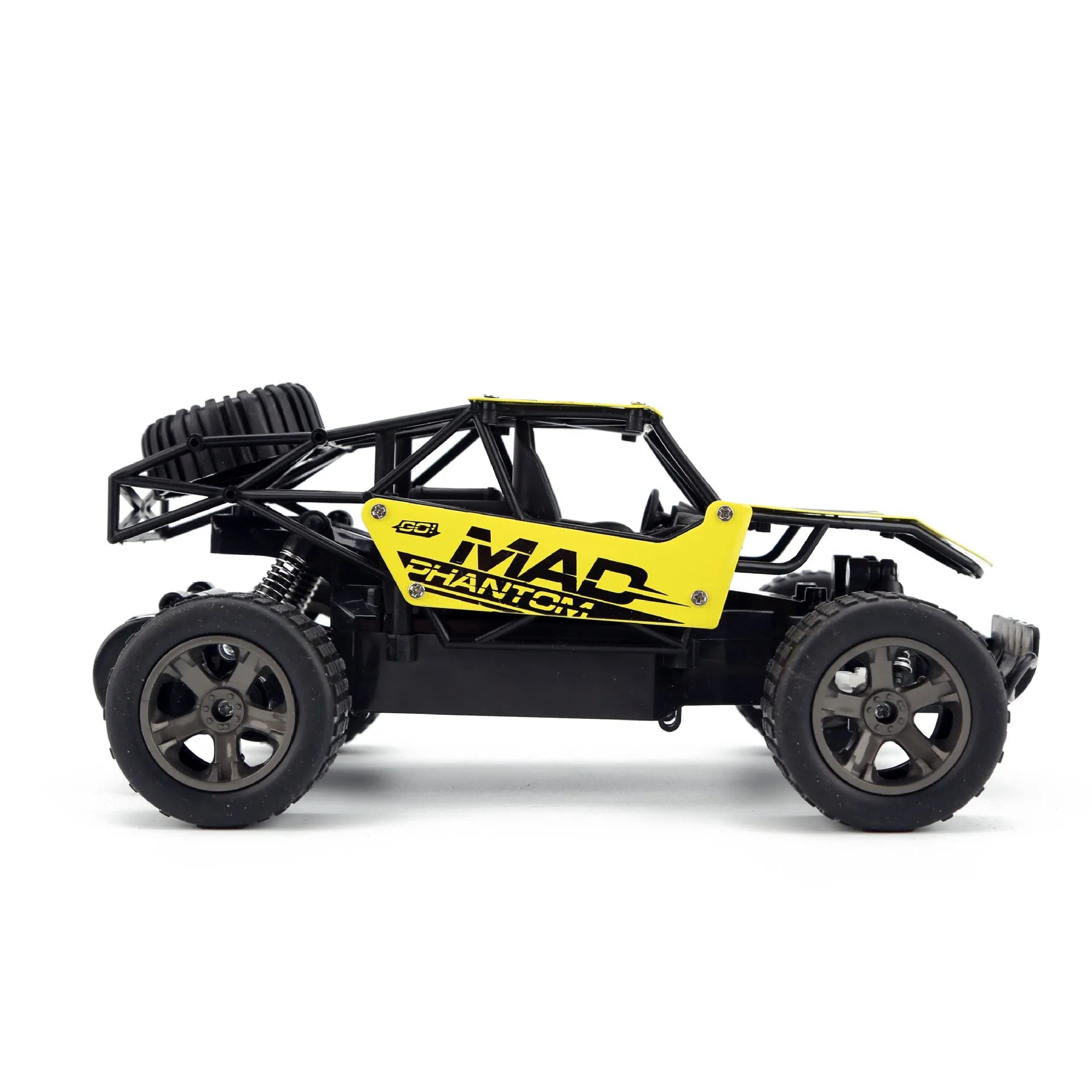 Blue and yellow 1:18 scale remote control drift car with 2.4GHz transmitter on a flat surface