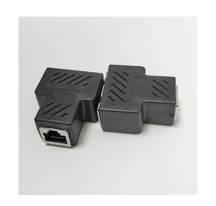 RJ45 network tee splitter adapter in multiple colours, showing one input and two output ports.
