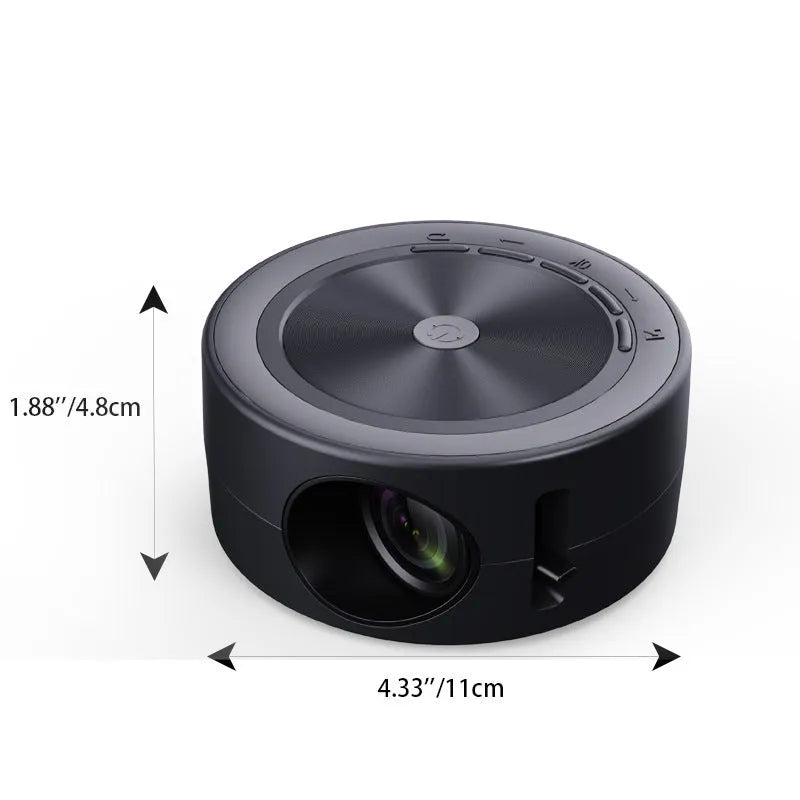 YT200 portable wired LED projector in black showing compact 110mm design with remote control