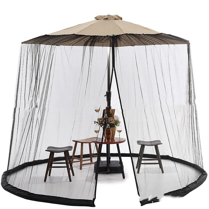 Fabric outdoor sunshade tent with mosquito netting in a garden setting.