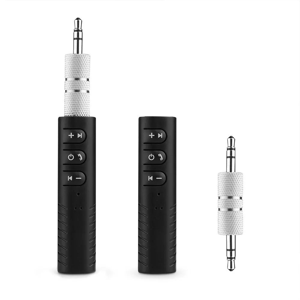 Black Bluetooth car audio adapter with 3.5mm aux connector and Mini USB charging port