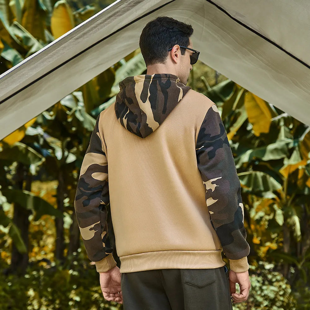 Men's casual camouflage colour block hooded sweater in polyester with black trim, front view