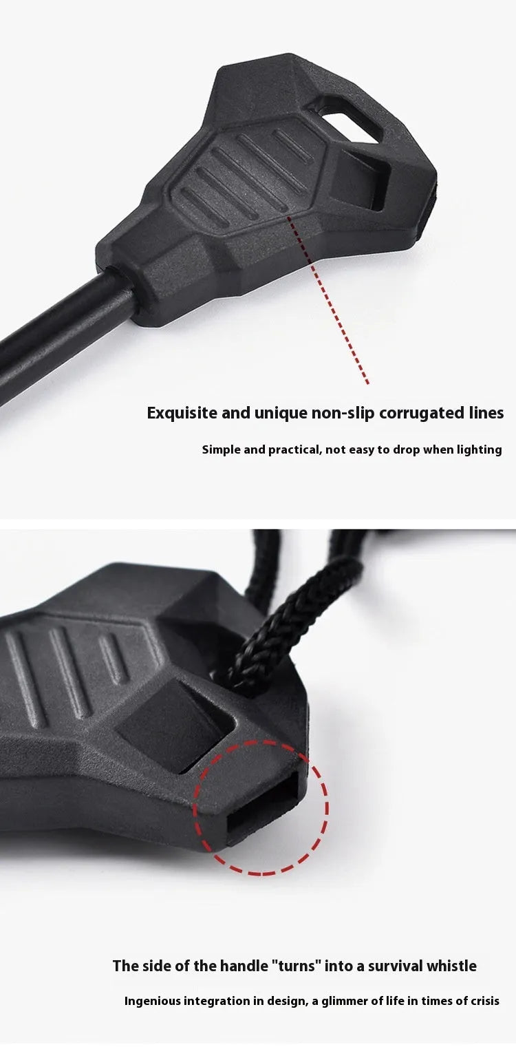 Black outdoor multifunctional survival flint tool with stainless steel scraper on a dark background.