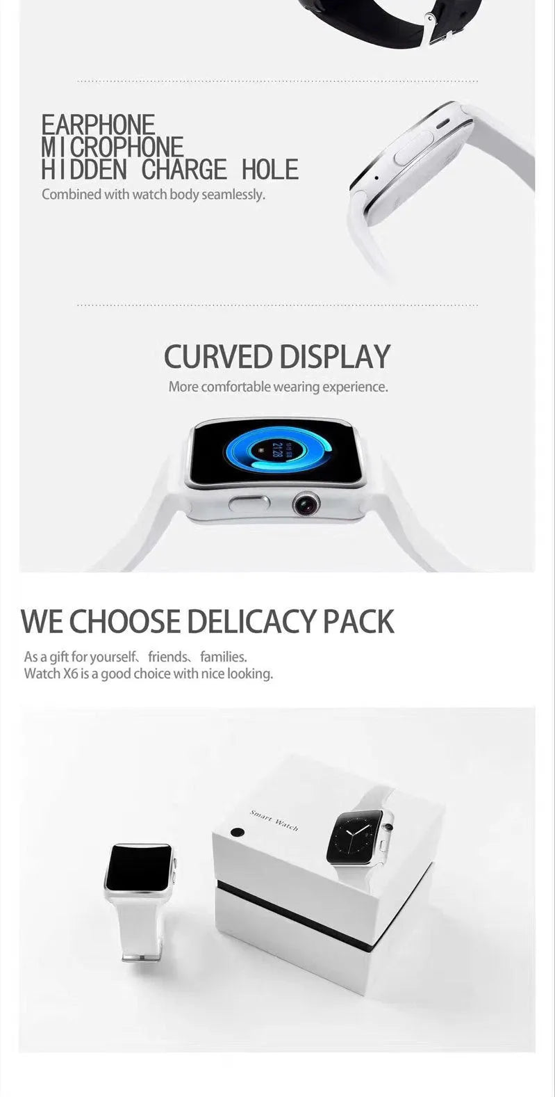Smart watch with 1.54 inch touch screen and silicone strap showing display interface